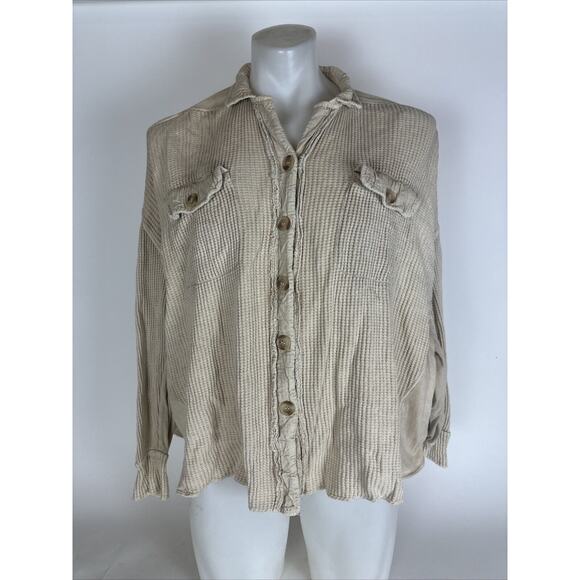Free People One Scout Jacket Oversized Waffle Knit Button Shirt Shacket Beige XS